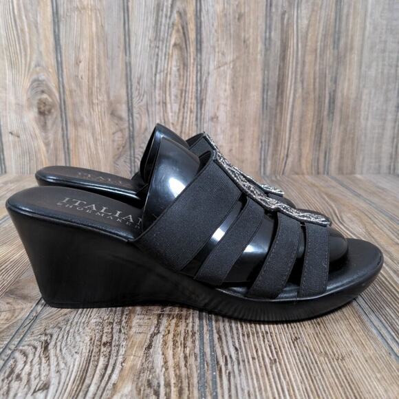 Italian Shoemakers Womens Strap Sandals Rhinestones Black Dressy Wedges Italy 8 - Picture 1 of 10
